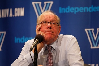 Syracuse head coach Jim Boeheim reacts to questions at the postgame press conference.