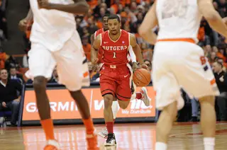 Rutgers guard Jerome Seagears dribbles up the court.