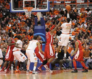 James Southerland attempts a floater over Rutgers forward Wally Judge.
