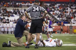 Steve Ianzito goes down with a cramp early in the fourth quarter. He returned. The captain took one shot and won three ground balls in the loss.