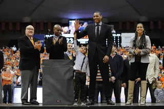 Carmelo Anthony is honored for his one-year national championship-winning SU career with a commemorative jersey. His was retired to the Carrier Dome rafters Saturday night at halftime.