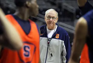 Head coach Jim Boeheim of the Syracuse Orange looks on during practice on the day prior to the start of the second round of the 2013 NCAA men's basketball tournament at HP Pavilion.
