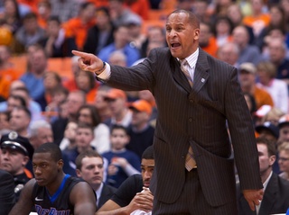 Assistant Coach Billy Garrett shouts orders from the DePaul sideline. The Blue Devils fell to 11-19 on the season and 2-15 in the Big East with their loss to the Orange Wednesday.