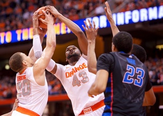 James Southerland wrestles to control a rebound. He finished with 10 in his first career double-double. 
