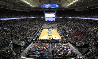 A general view of the court from behind the basket during the game between the California Golden Bears and the UNLV Rebels during the second round of the 2013 NCAA Men's Basketball Tournament at HP Pavilion on March 21, 2013 in San Jose, California.