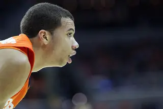  Michael Carter-Williams #1 of the Syracuse Orange looks on in the game against the Marquette Golden Eagles.