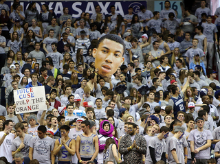A general view of the Georgetown student section, featuring an Otto Porter cardboard cutout.