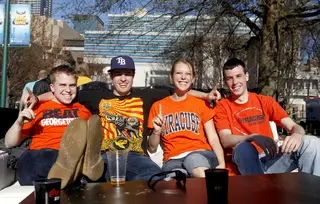 (From left) Patrick Duffy, Isaac Huntsman, Audry Hart and Kyle Christianson, sophomores at Syracuse University, drove to Atlanta to cheer on the Orange in the Final Four round of the NCAA Tournament. 
