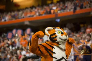 The Clemson mascot flexes after one of the Tigers' seven touchdowns