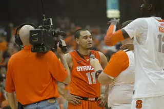 Tyler Ennis talks to the crowd after making his Carrier Dome debut.