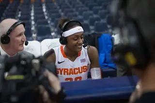 Brittney Sykes grins during a post-game interview. 