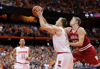Syracuse guard Trevor Cooney is fouled by IU forward Austin Etherington in the second half. Etherington was issued a Flagrant-2 and ejected from the game while Cooney went on to score a game-high 21 points.  
