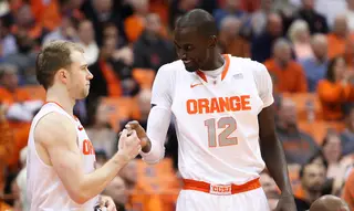 Cooney and SU center Baye Moussa Keita bump fists during the Orange's win over Indiana.