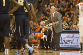 SU head coach Jim Boeheim pleads with the referees from the sideline. 