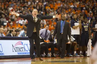 Pittsburgh head coach Jamie Dixon yells at his players after a poor defensive play.
