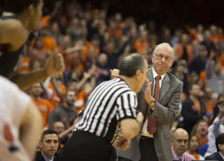Boeheim expresses his dissatisfaction with a referee after a no-call. 