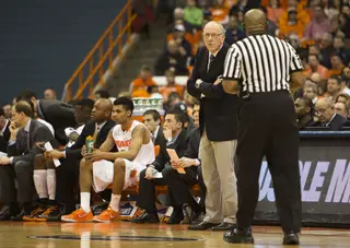 SU head coach Jim Boeheim looks for an explanation from an official after a foul call late in the first half. 