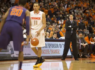 Clemson head coach Brad Brownell looks on as Ennis eats clock toward the end of the second half. 