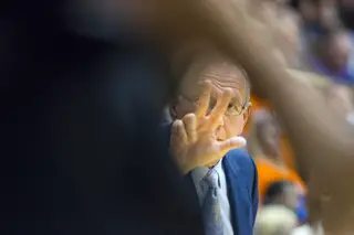 Jim Boeheim signals to a referee asking for a three-second call. 