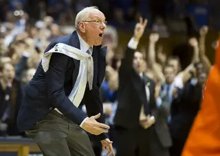 Jim Boeheim storms onto the court screaming at the officials following C.J. Fair's offensive foul. 