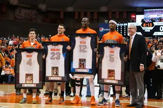 Nolan Hart, DeRemer, Keita and Fair pose with Jim Boeheim before their final game in the Carrier Dome. 