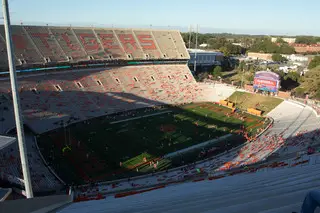 A wide view of Memorial Stadium well before kickoff between the Tigers and the Orange.