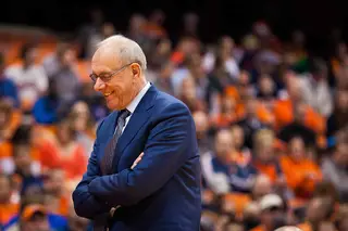 Boeheim smiles as the game winds down in the second half. His team got a much-needed bounce-back win after losing to Villanova on Saturday.