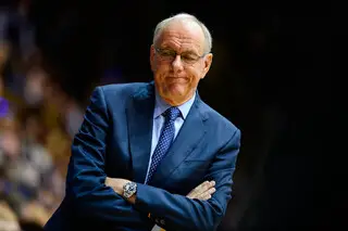 Boeheim frowns toward the end of the game, as Syracuse falls to Duke 73-54.