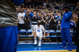Duke freshman center Jahlil Okafor waits to hear his name called during pregame player introductions.