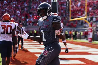 Samuels can do nothing but shrug after scoring his rushing touchdown against the Orange. 