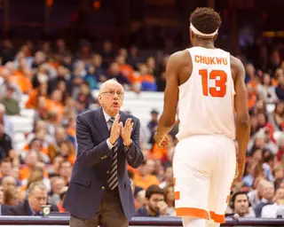 Jim Boeheim scolds his center Paschal Chukwu who battled foul trouble.