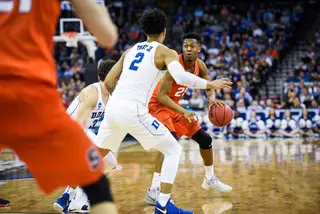 Duke ran a 2-3 zone and soft full-court press all game, but Syracuse scored more points (65) than it had in any game this Tournament. 
