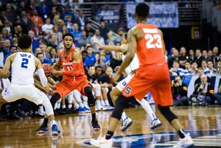 The Duke soft press and traps gave SU some trouble, forcing a 10-second call at one point and shedding time off the shot clock. 