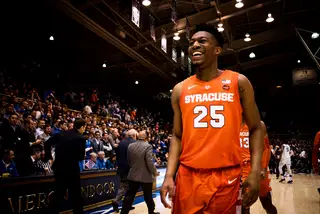 Battle was all smiles following the win, Syracuse's third in conference play and first over Duke since John Gillon's buzzer beater in 2017. 