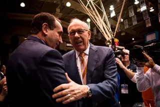 Two Hall of Fame coaches and good friends, Jim Boeheim and Mike Krzyzewski, embraced each other before tip.