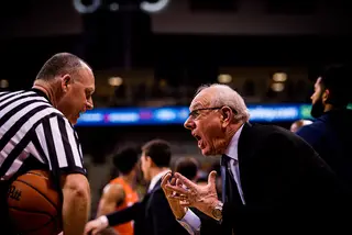 SU head coach Jim Boeheim screams after a call didn't go his way. He was relatively subdued Saturday, although he didn't hesitate to argue a few calls.