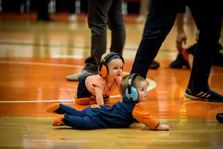 The Carrier Dome had its first “baby race” at halftime, where infants raced from the baseline to half court. Most of them crawled their way to the half.