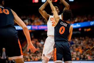 Battle was mostly guarded not by Kihei Clark, shown here, but by De’Andre Hunter, whom SU head coach Jim Boeheim called a “lottery pick.” Hunter added five 3-pointers and four assists.