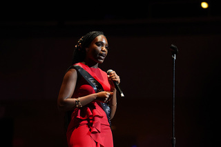During the career portion of the pageant, Louisa Williams, representing Ghana and Liberia, describes how she wants to use her education from Syracuse University to help solve the Ebola epidemic in Liberia.