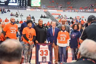 SU retired Felisha Legette-Jack’s jersey on Nov. 14, and she became the first woman in SU history to have her jersey retired after SU announced in August that it would retire three women’s jerseys this year: Legette-Jack’s, Katie Rowan Thomson’s and Anna Goodale’s. Previously, Syracuse was one out of five Atlantic Coast Conference schools without a single retired female jersey number.