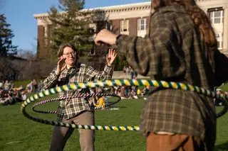 ESF student Kyra Jacobson-Evans (left) hula hoops alongside her friends Megan Cheshire (right) and Shawna Mulvihill (not pictured).