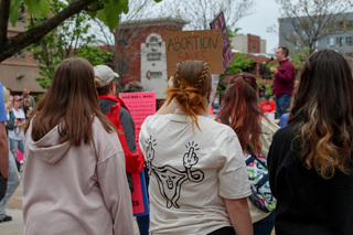 Several of the protestors sport clothing that support women’s reproductive rights. 