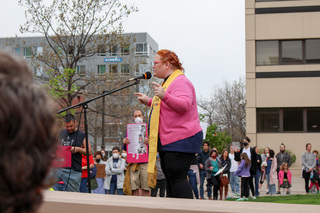 Reverend Jo VonRue speaks at an event organized by Women’s March Syracuse in protest of the overturning of Roe v. Wade. 