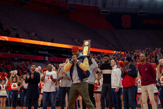 Carmelo Anthony makes a speech acknowledging the 20th anniversary of the 2003 NCAA National Championship. Most of the championship winning team was able to make it back for the game against Wake Forest where the university celebrated its achievement. 