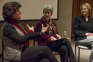Syracuse Mayor Stephanie Miner (left) and Professor of Political Science Kristi Andersen at the discussion sponsored by the Maxwell Women’s Caucus Wednesday night in Crouse-Hinds Hall.