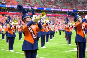 The SU Marching Band performs during the halftime show at the Clemson-SU game on Saturday, wearing new uniforms. This is the first update to the uniforms in 15 years, with all of the redesigned uniforms made in the United States and out of 100 percent recycled material.