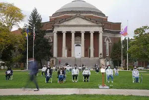Thirty-five Remembrance Scholars represented the lives of the 35 students killed in the bombing of Pan Am Flight 103 over Lockerbie, Scotland by sitting in chairs arranged on the Quad to show the position where the students sat on the flight. 
