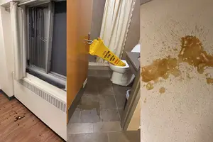 A broken window and shattered beer bottle, a wet floor sign left upside down in a toilet and a spilled beer on the floor are all examples of the destruction students have subjected Flint Hall to.