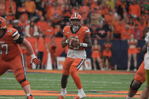 Garrett Shrader recorded only 37 total yards in the first half of Syracuse’s loss to Notre Dame before Carlos Del-Rio Wilson started the second half. 
