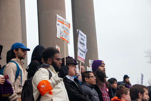 Syracuse Graduate Employees United members and allies demonstrate demanding Syracuse University's administration voluntarily recognize the unionization effort. Both SGEU and the administration remain in active talks on an election agreement.
